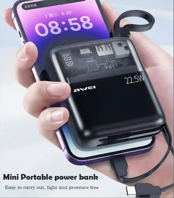 Awei P149K Mini Portable Power Bank 10000mAH With Cable PD 22.5W Fast Charge External Battery Multi Output Powerbank For Phone